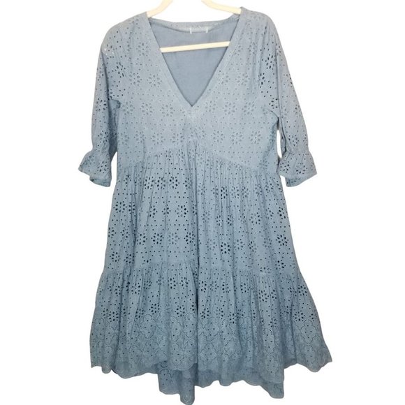 Sundance Womens M Blue Eyelet Boho Jasmine Midi Dr - Picture 2 of 8